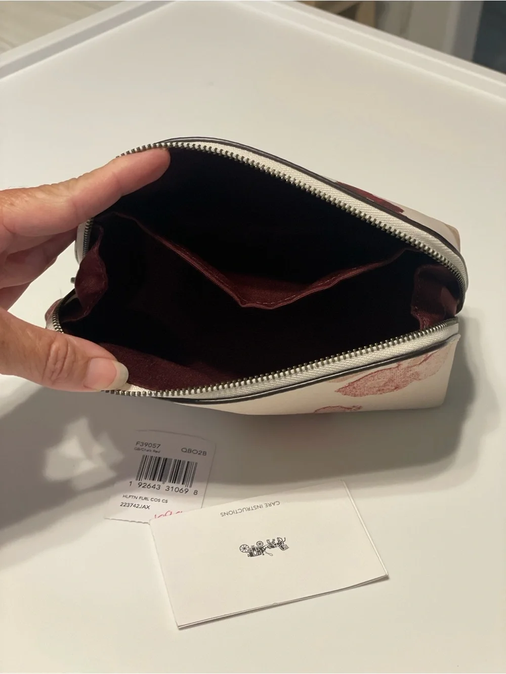 COACH Cream Floral Cosmetic Pouch with Pink & Burgundy Blooms